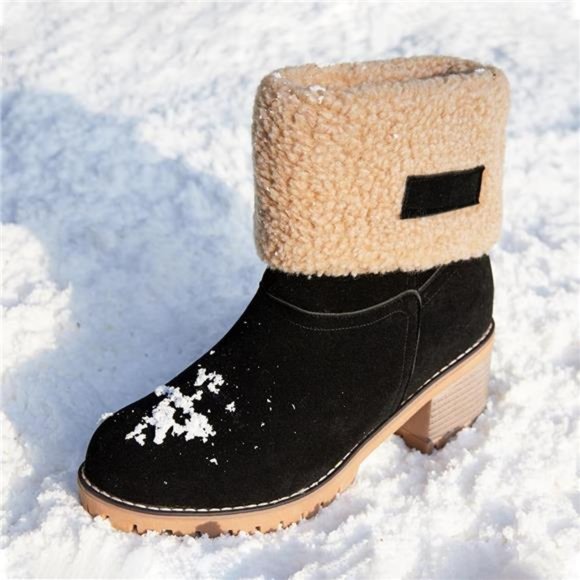 Women's Winter Boots Slip On Mid Chunky Heel Suede Warm Snow Ankle Boots, Black - Picture 2 of 5
